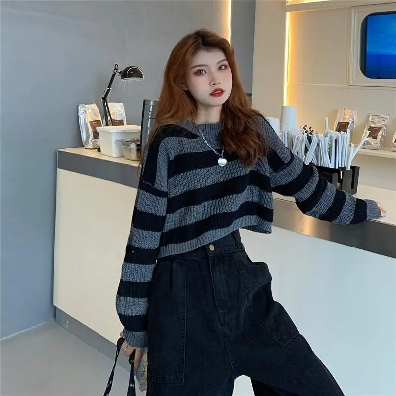 ZMZBCH Korean Style Autumn Striped Cropped Sweater Women Vintage Oversize Knit Jumper Female Long Sleeve O-neck Pullovers Tops - Image 4