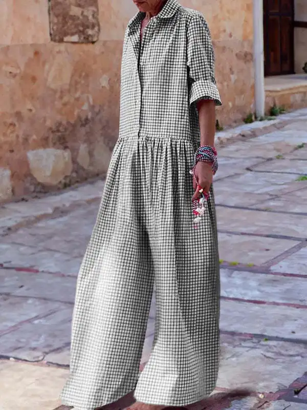 Loose Casual Plaid Print Jumpsuit Fashion Lapel Single Breasted Half Sleeved Wide Leg Jumpsuit Spring Summer Fashion Lady New - Image 6