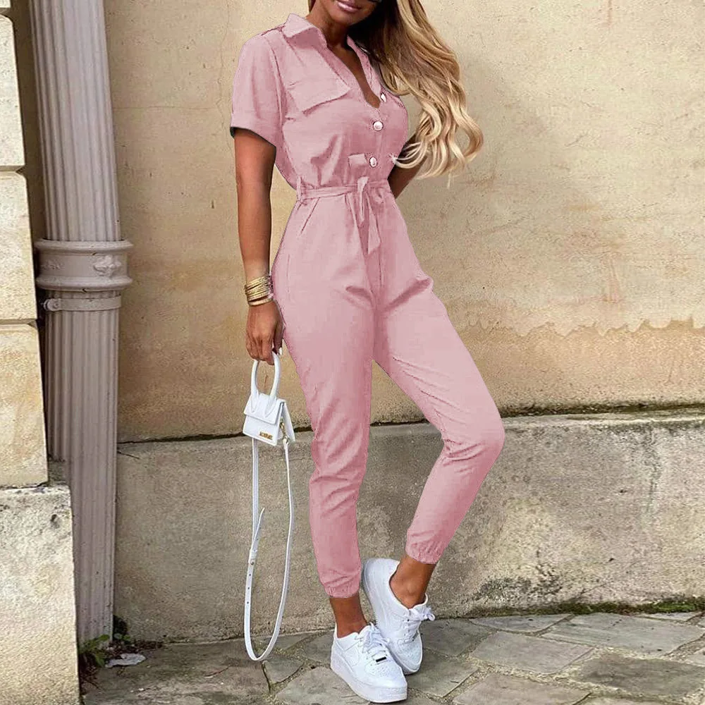 Women's Monochrome Jumpsuit 2024 Spring/Summer Comfortable Casual Flip Collar Printed Belt Work Dress Women's Jumpsuit - Image 9