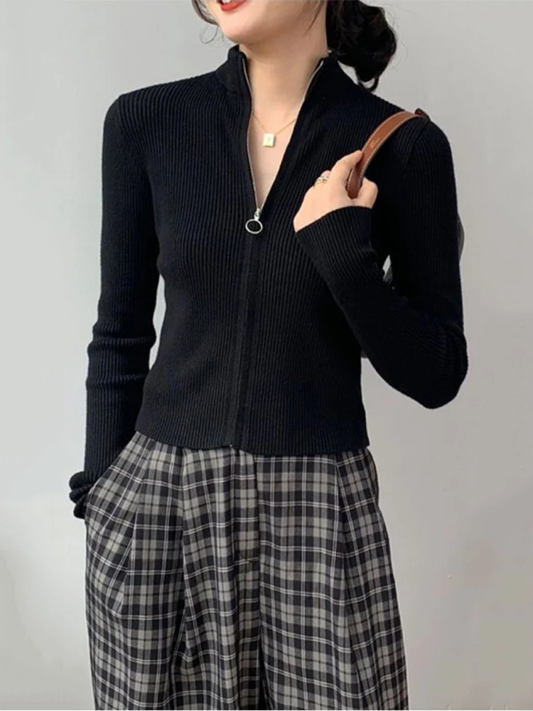 Autumn Zipper Cardigan Women Sweaters Knitted Long Sleeve Stand-up Collar Tops Korean Fashion Short Sweater for Female - Image 5