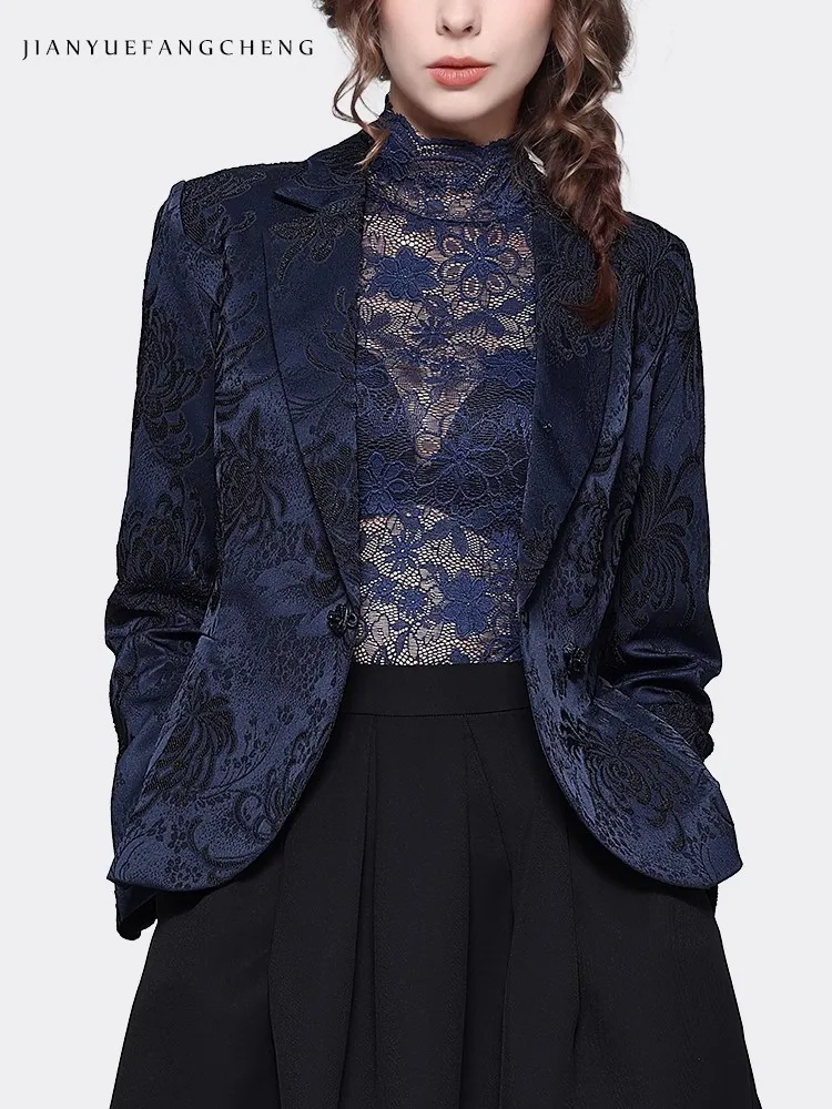 Elegant Suit Collar Women' Dark Blue Jacquard Blazer Elegant Slim Short Female Autumn Winter Coat Jacket Office Ladies Tops - Image 5