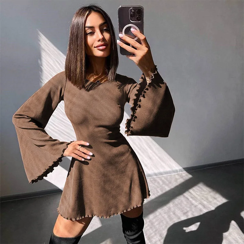 Sexy Dresses Nightclub Mini Short Party Dress Women Back Bandage O Neck A Line Flare Sleeves Autumn Vestidos Ladies Fall Robe - Image 2