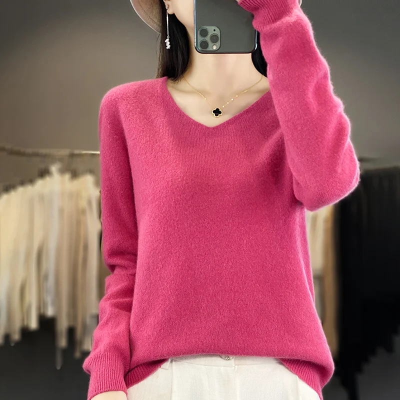 Women 100% Merino Wool Sweater V-Neck Basic Pullover Autumn Winter Cashmere Clothing Long Sleeve Soft Knitwear Tops Solid Color - Image 2