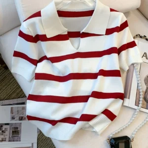 2024 New Striped Pattern Collared Sweater Versatile Short Sleeve Knitted Top For Spring & Summer Women's Clothing Crop Top