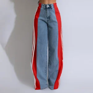 Women's Spring Summer Baggy Jeans Pants High Waist Loose Wide Leg Side Striped Denim Pants Streetwear
