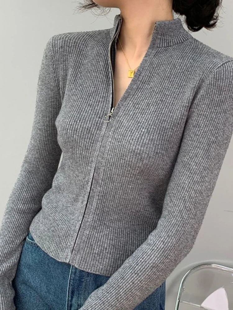 Autumn Zipper Cardigan Women Sweaters Knitted Long Sleeve Stand-up Collar Tops Korean Fashion Short Sweater for Female - Image 7