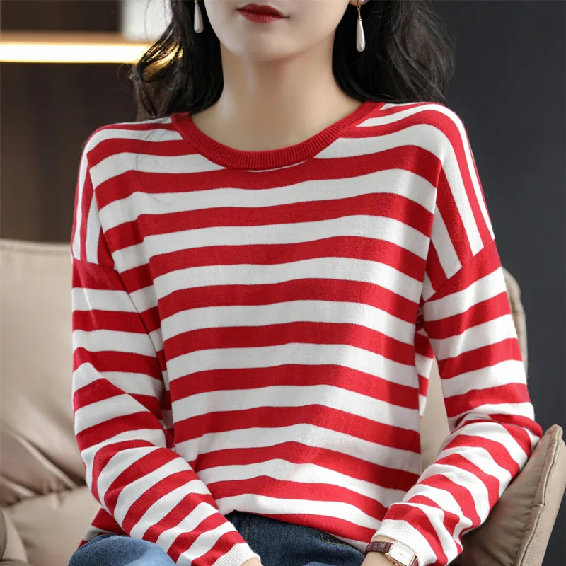 Classic Striped Spring Round Neck Pure Cotton Thin Long-Sleeved Women's Loose T-Shirt Contrast Color Knit Sweater Base SMY C16 - Image 9