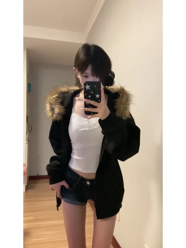 Deeptown Women Black Zip Up Hoodies Vintage Korean Preppy Style Faux Fur Coat Oversized Casual Sweatshirt Harajuku Autumn Winter - Image 4