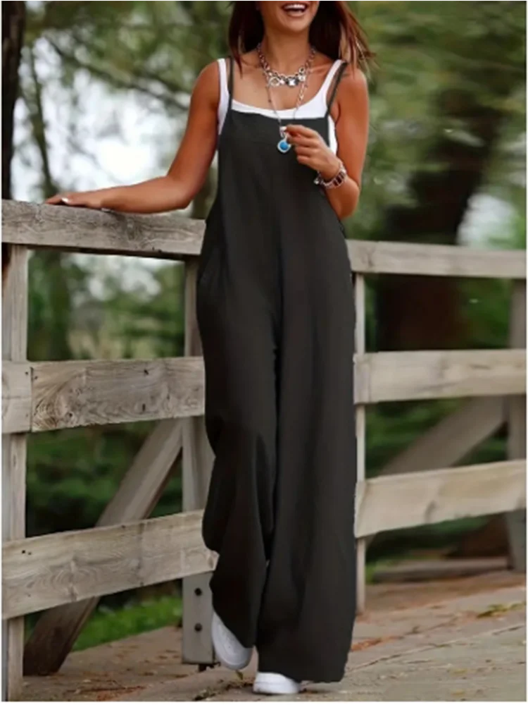 Women's Sleeveless Jumpsuit with Suspender Loose Casual Pocket Monochromatic Summer - Image 2