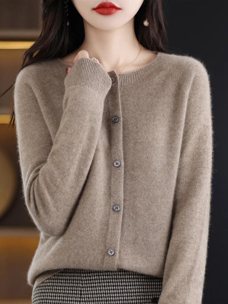 New Fashion Spring 100% Merino Wool Womens O-neck Cardigan Cashmere Sweater 2024 Female Clothing Grace Knitwear Korean Tops - Image 17