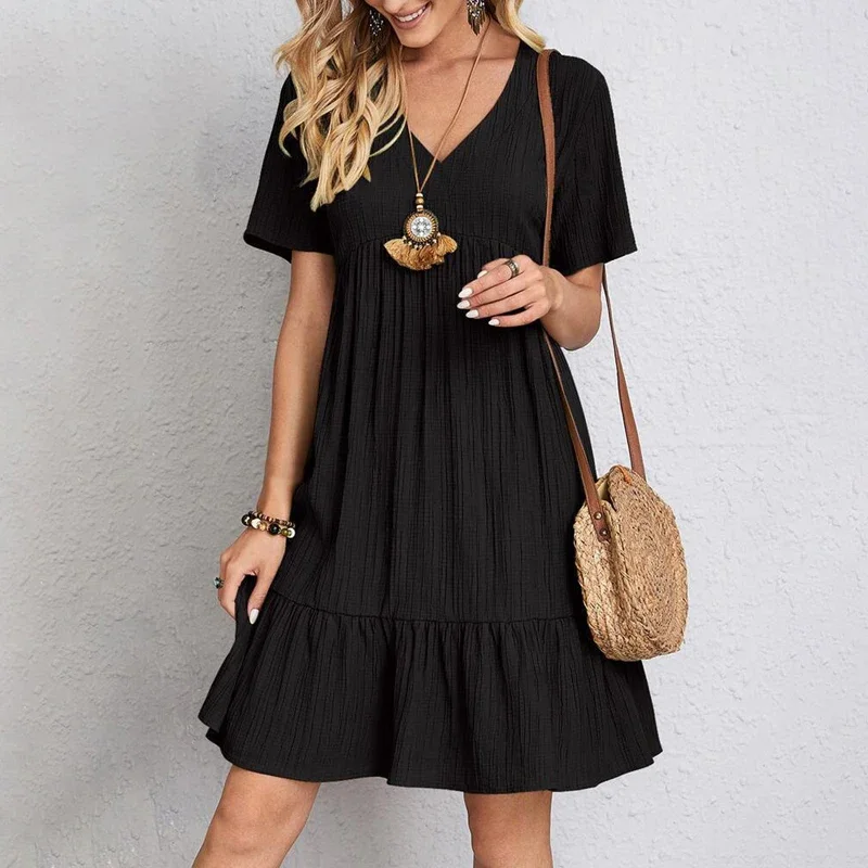 2025 Loose V-neck Short Sleeved Pleated Women Dress Solid Color A-line Beach Dresses Elegant Simple Comfortable Woman Clothing - Image 5