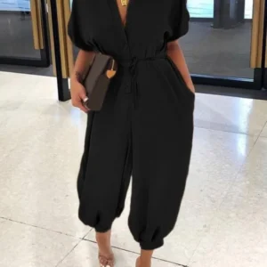 Summer Fashion V-Neck Button Lace-Up Jumpsuit Short Sleeve Loose Playsuit Overalls Women Elegant Leopard Print Pocket Rompers