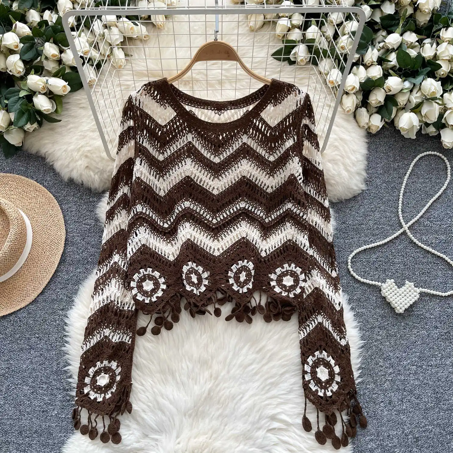 Zig Zag Crochet Top Long Sleeve V-Neck Wavy Striped Open-knit Pullover Sweater for Women Teen-girl Boho Vacation Outfit - Image 2