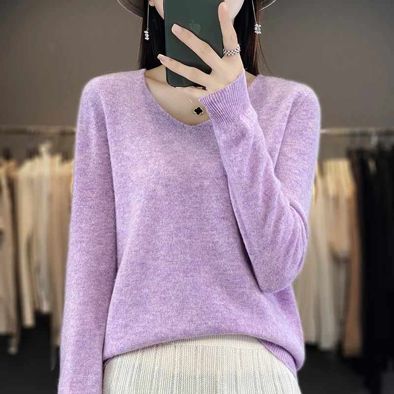 Women 100% Merino Wool Sweater V-Neck Basic Pullover Autumn Winter Cashmere Clothing Long Sleeve Soft Knitwear Tops Solid Color - Image 18