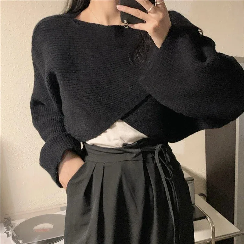 Autumn Knitted Cropped Sweater Y2K Tops Women Long Sleeve Pullovers Sweater Winter Cross Irregular Streetwear Sweater Pull 22933 - Image 3