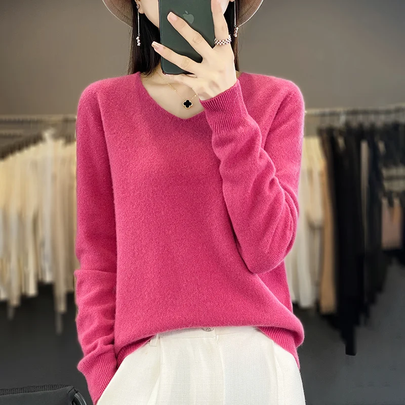 Women 100% Merino Wool Sweater V-Neck Basic Pullover Autumn Winter Cashmere Clothing Long Sleeve Soft Knitwear Tops Solid Color - Image 15