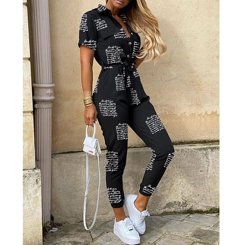 Women's Monochrome Jumpsuit 2024 Spring/Summer Comfortable Casual Flip Collar Printed Belt Work Dress Women's Jumpsuit - Image 4
