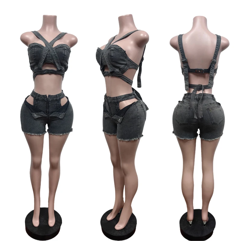 Sexy Jean Women Short Sets Straps Denim Crop Top and Cut Out Shorts Set 2025 Summer Clothes Streetwear Two 2 Piece Club Outfits - Image 5
