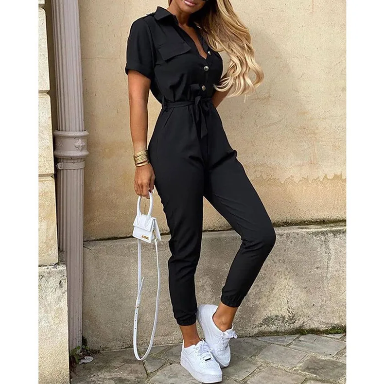 Women's Monochrome Jumpsuit 2024 Spring/Summer Comfortable Casual Flip Collar Printed Belt Work Dress Women's Jumpsuit - Image 7