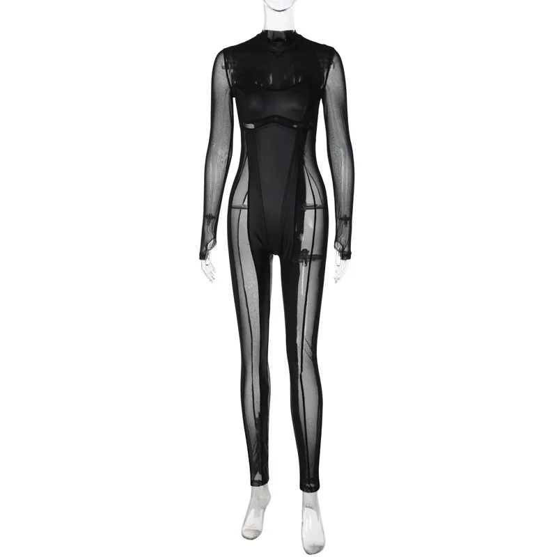 BKLD Fall Outfits Women 2025 New Fashion Stitching Mesh Round Neck Back Zipper Long Sleeve Bodycon Jumpsuit Black One-Pieces - Image 3