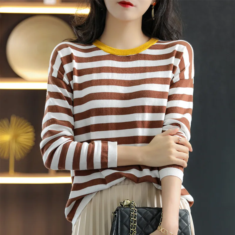 Classic Striped Spring Round Neck Pure Cotton Thin Long-Sleeved Women's Loose T-Shirt Contrast Color Knit Sweater Base SMY C16 - Image 6