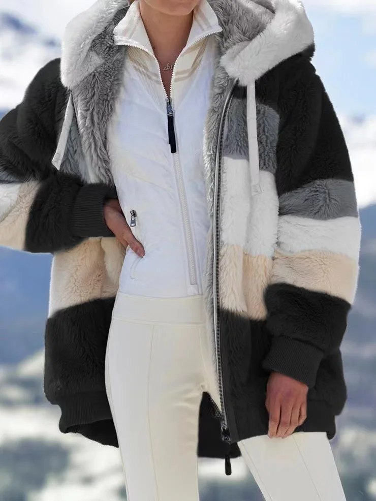 Women Striped Patchwork Fleece Hoodie Coat Autumn Winter Long Lantern Sleeve Loose Cardigan Hoodie Sweatshirt Coats - Image 9