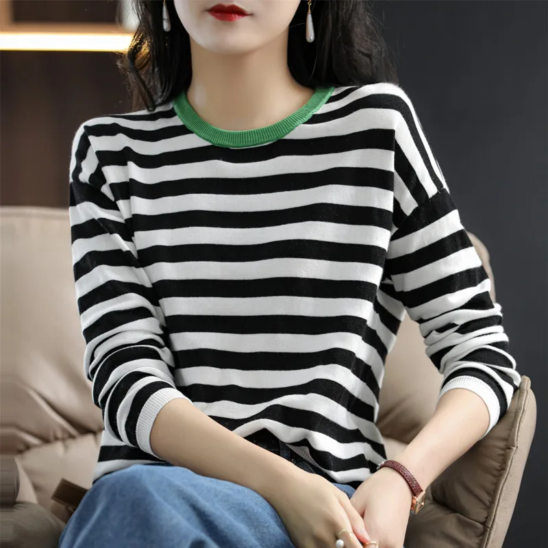 Classic Striped Spring Round Neck Pure Cotton Thin Long-Sleeved Women's Loose T-Shirt Contrast Color Knit Sweater Base SMY C16 - Image 10