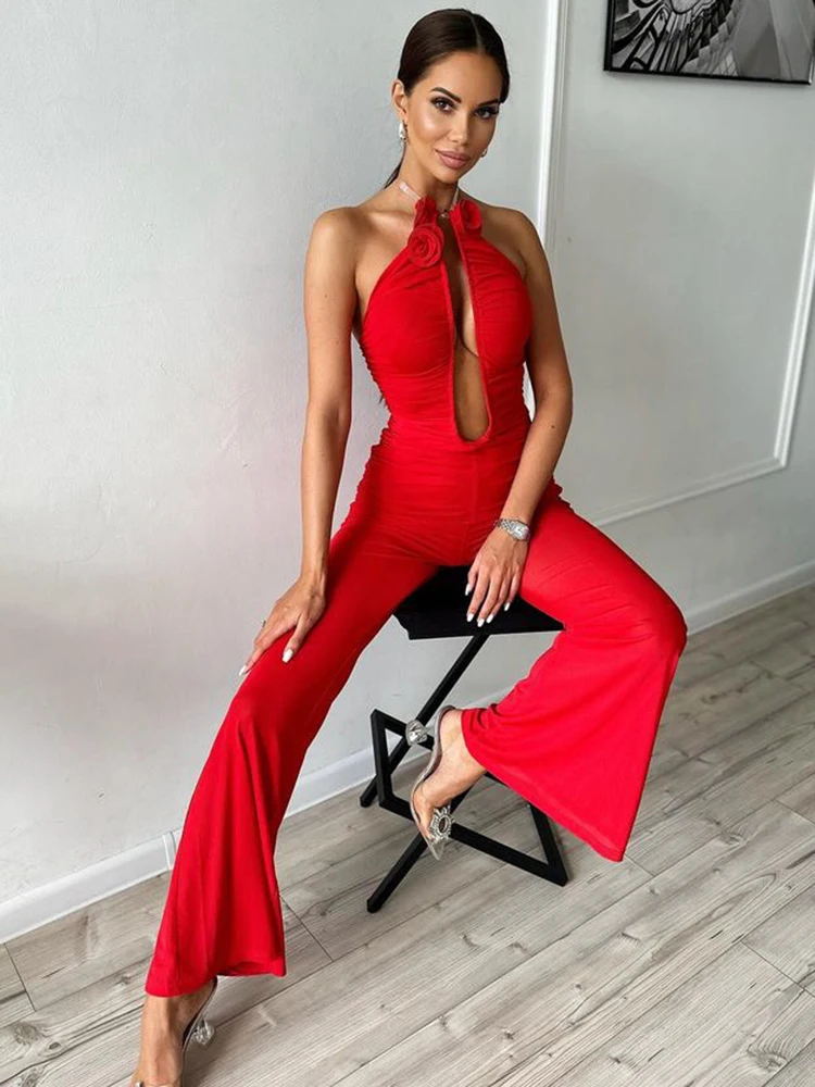 VC Romantic Floral Mesh Jumpsuit Deep V Plunge 3D Flowers Open Back Sleeveless Wide Leg Rompers Night Club Party Cocktail Outfit - Image 6