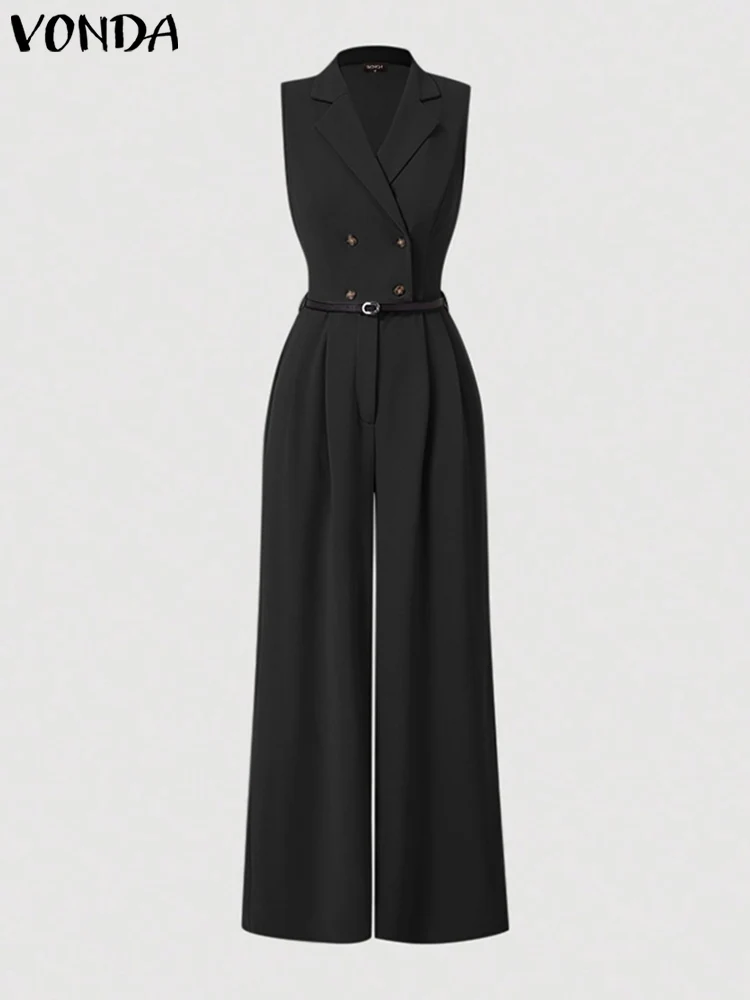 Plus Size 5XL VONDA Elegant Women Jumpsuits Sleeveless Playsuits Solid Color Rompers 2024 Casual Lapel Collar Wide Leg Bottoms - Image 2
