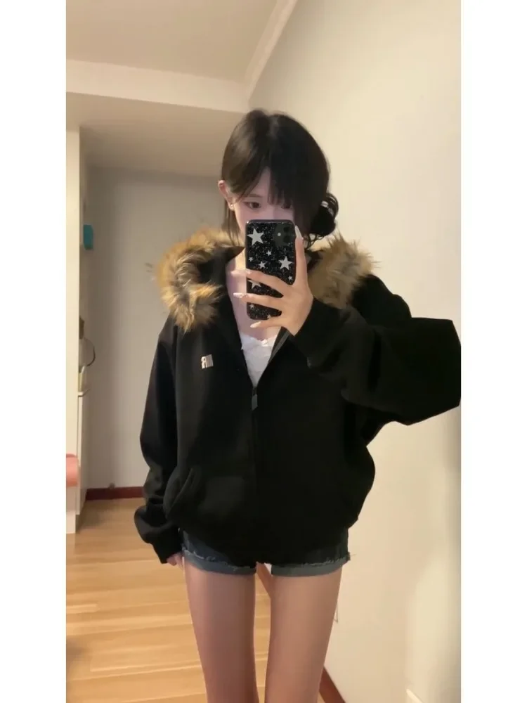 Deeptown Women Black Zip Up Hoodies Vintage Korean Preppy Style Faux Fur Coat Oversized Casual Sweatshirt Harajuku Autumn Winter - Image 3