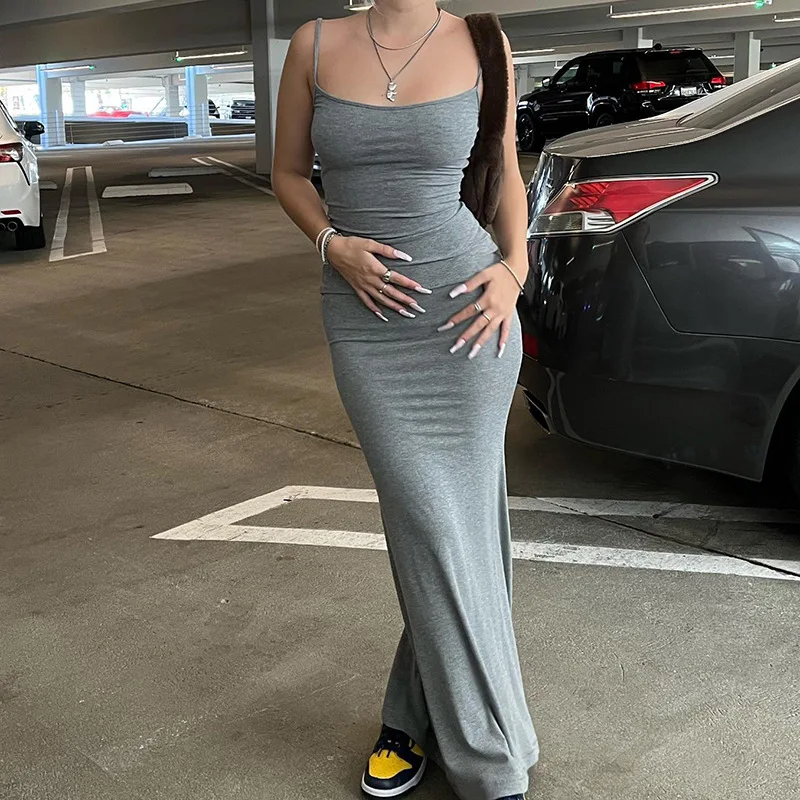 2024 Summer Dresses For Women Sexy Spaghetti Strap Black Long Dress Y2k Sleeveless Solid Skinny Bodycon Trumpet Maxi Vestidos - Image 3