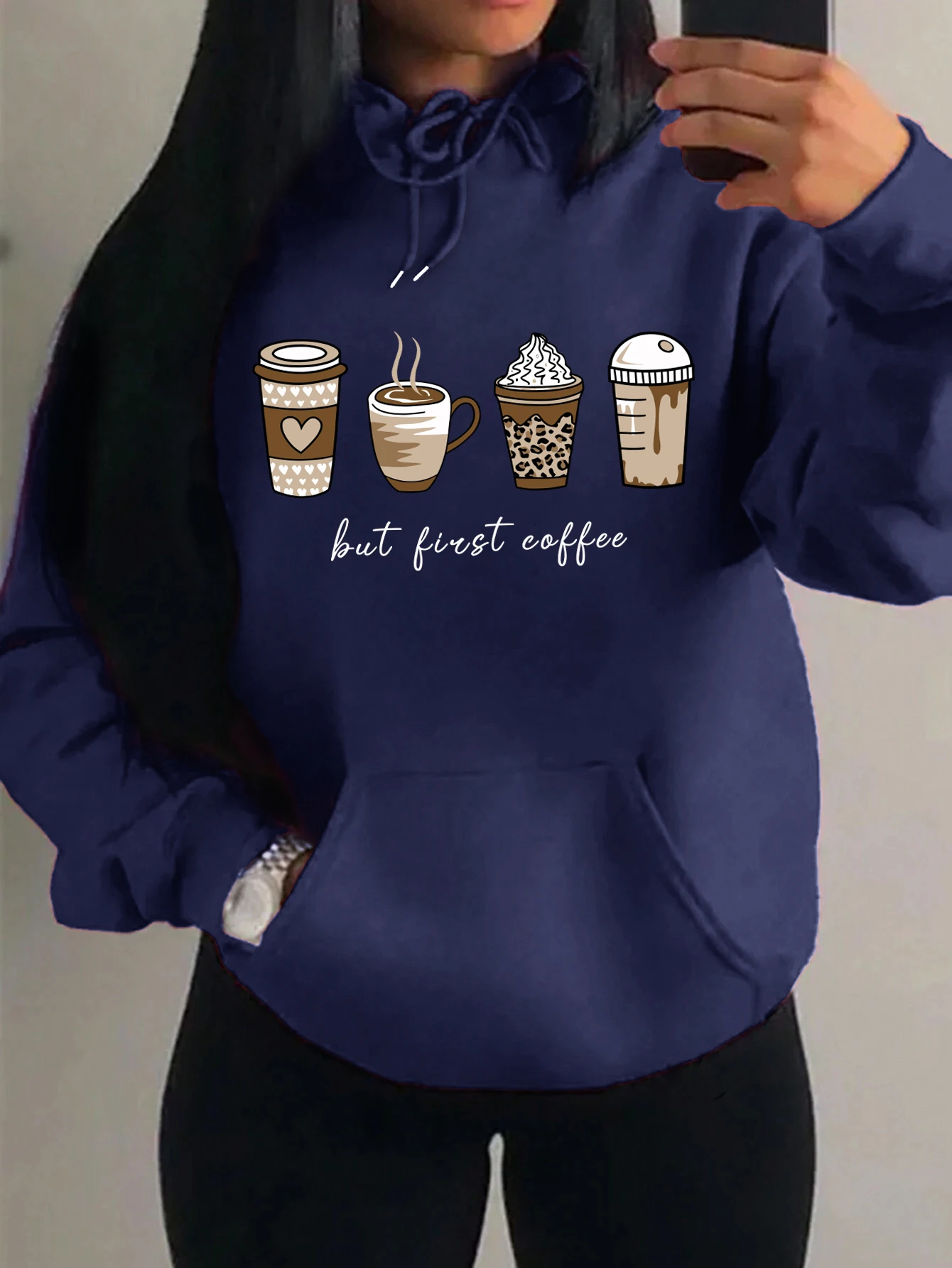 But First Coffee Cartoons Coffee Drinks Pattern Hoodies Fashion Warm Hoody Casual Trendy Sweatshirt Street Women Pullovers - Image 18
