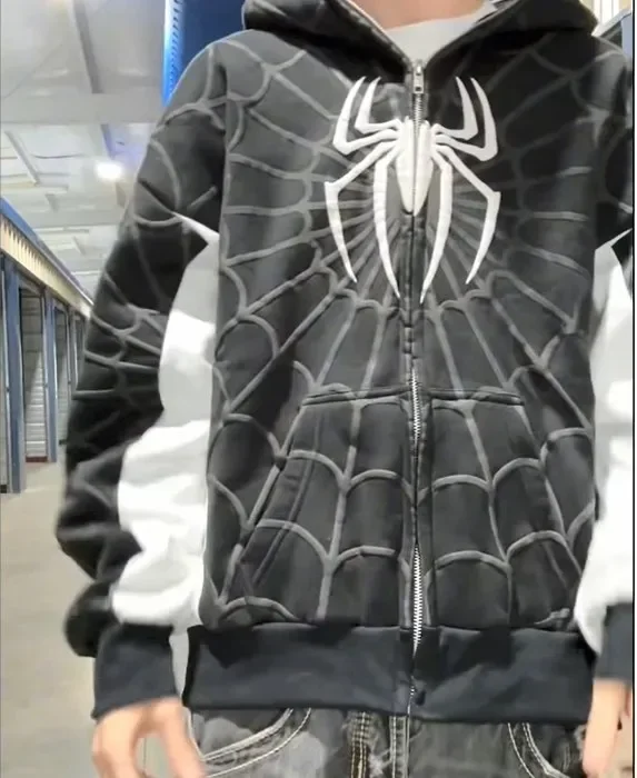 Men Spider Print Hoodies Women Hip Hop Zipper Long Sleeve Jacket Coats Y2k Autumn Winter Harajuku Casual Loose Hooded Sweatshirt - Image 4