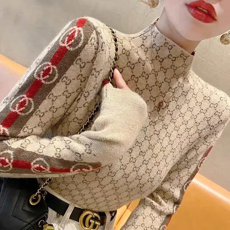 Women's Clothing Elegant Fashion Letter Knit Pullover Autumn All-match Slim Long Sleeve Half High Collar Pullovers Lady Chic Top - Image 4