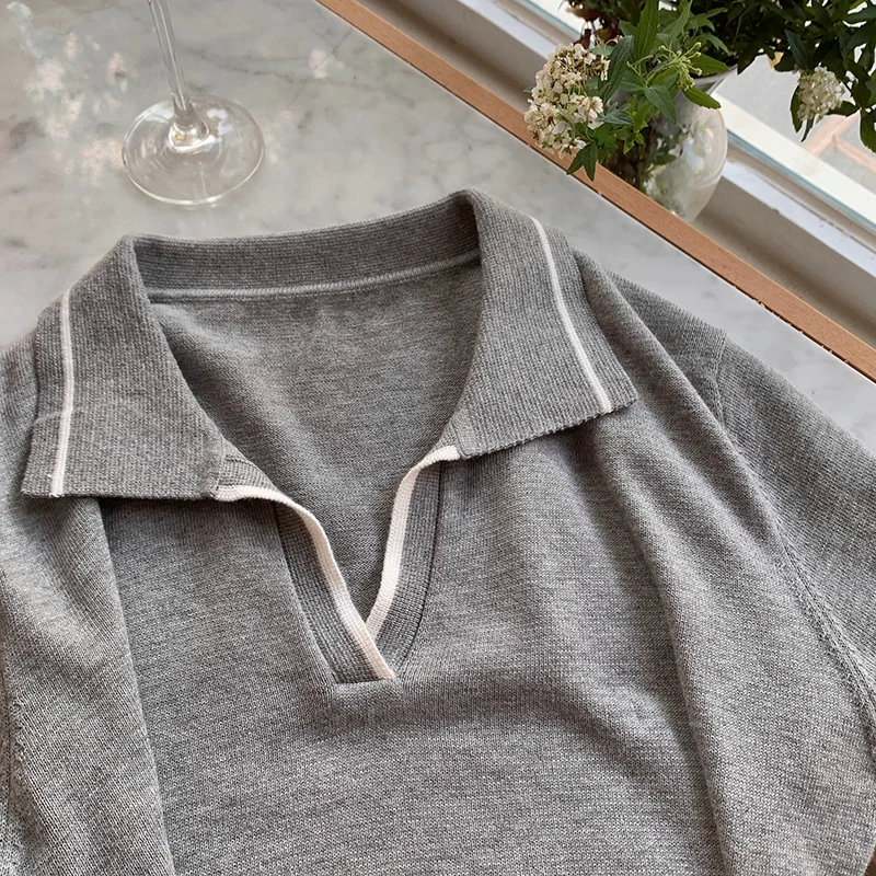 Pure Cotton Knitted Short Sleeved T-shirt for women's Summer 2025 New Fashionable and Stylish Small V-neck Polo Shirt Tops - Image 5