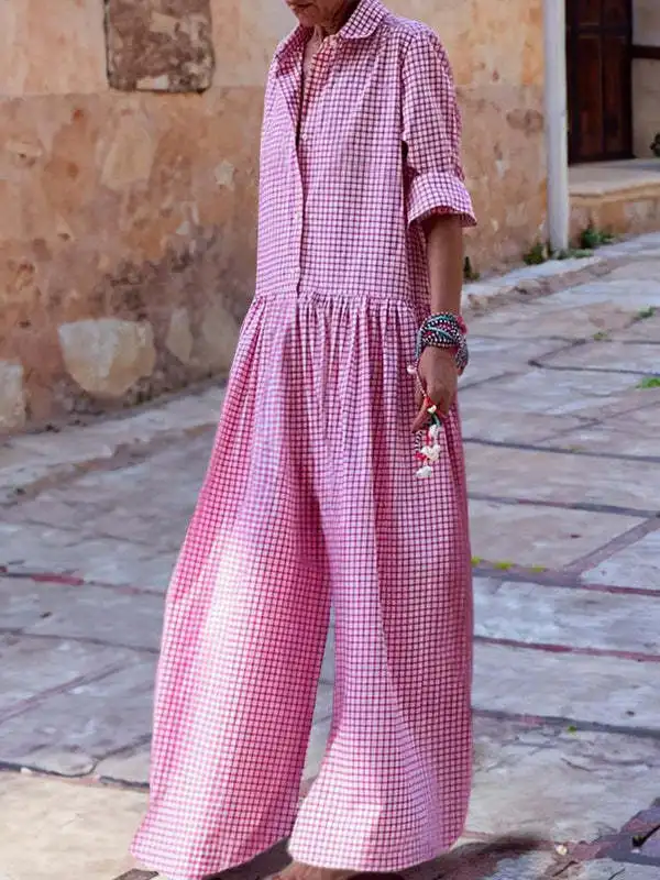 Loose Casual Plaid Print Jumpsuit Fashion Lapel Single Breasted Half Sleeved Wide Leg Jumpsuit Spring Summer Fashion Lady New - Image 7