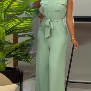 2024 Spring Summer Sleeveless Wide Leg Jumpsuit Women Turn-down Neck Pocket Front Zipper Fly Street One Piece Suit Playsuits