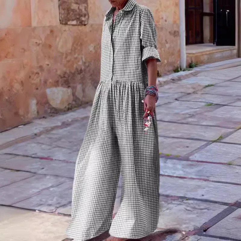 Loose Casual Plaid Print Jumpsuit Fashion Lapel Single Breasted Half Sleeved Wide Leg Jumpsuit Spring Summer Fashion Lady New - Image 3