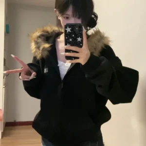 Deeptown Women Black Zip Up Hoodies Vintage Korean Preppy Style Faux Fur Coat Oversized Casual Sweatshirt Harajuku Autumn Winter