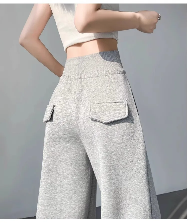 Women's gray sports high waist hanging loose slimming straight leg wide leg pants American sweatpants. - Image 5