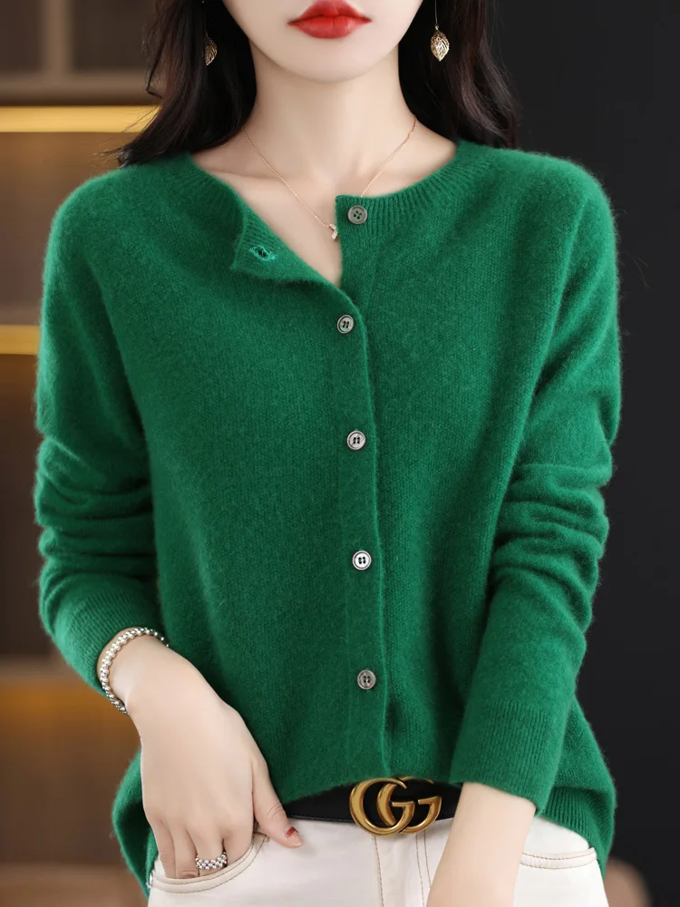 New Fashion Spring 100% Merino Wool Womens O-neck Cardigan Cashmere Sweater 2024 Female Clothing Grace Knitwear Korean Tops - Image 11