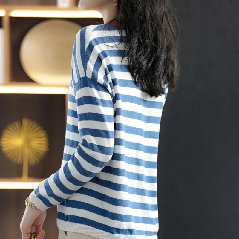 Classic Striped Spring Round Neck Pure Cotton Thin Long-Sleeved Women's Loose T-Shirt Contrast Color Knit Sweater Base SMY C16 - Image 2
