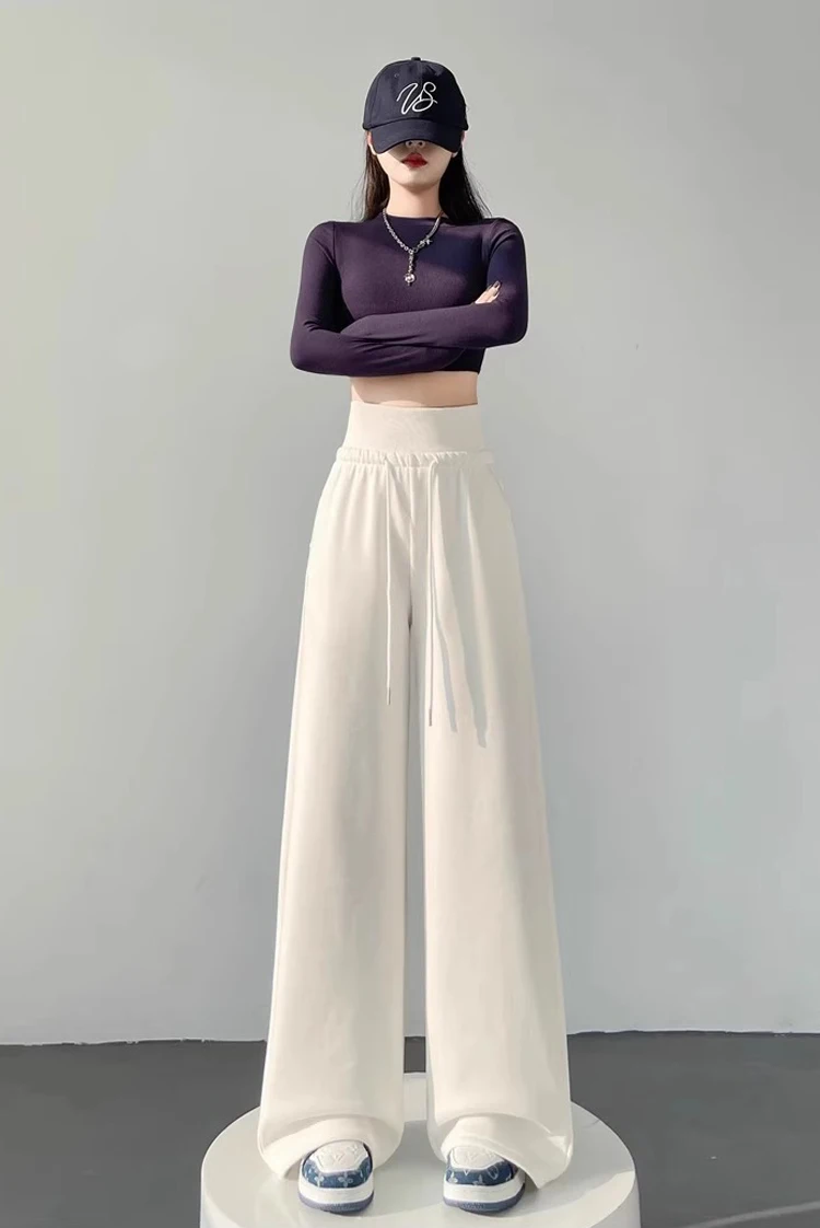 Women's gray sports high waist hanging loose slimming straight leg wide leg pants American sweatpants. - Image 8