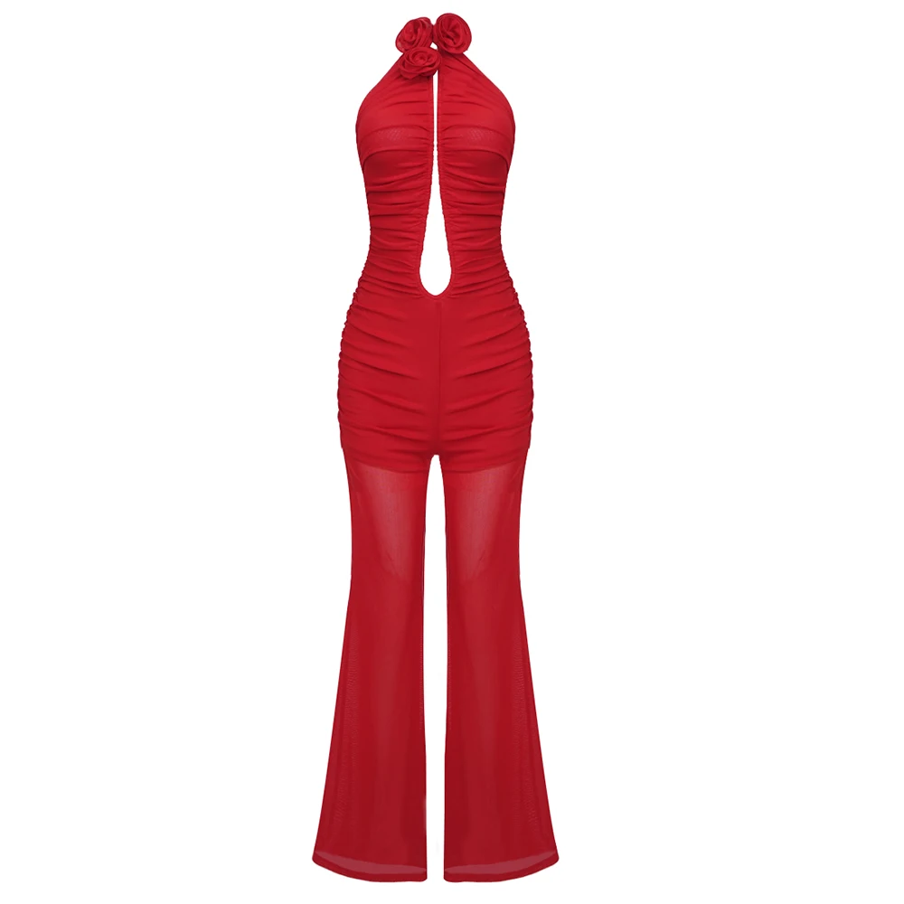 VC Romantic Floral Mesh Jumpsuit Deep V Plunge 3D Flowers Open Back Sleeveless Wide Leg Rompers Night Club Party Cocktail Outfit - Image 8