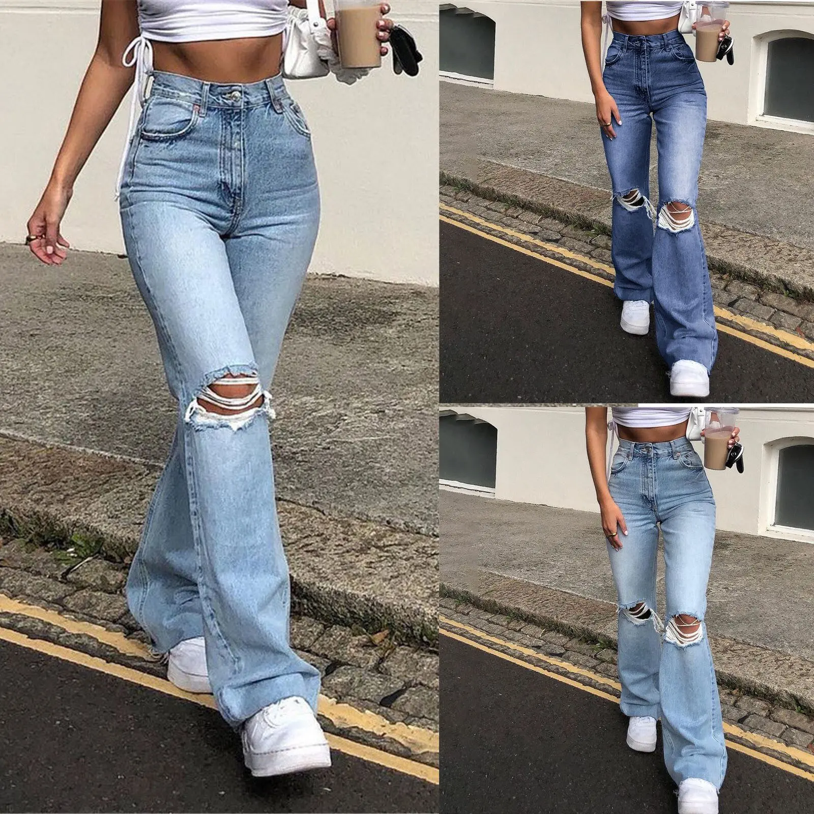2023 New High Waist Ripped Boot Cut Jeans For Women Fashion Stretch Knee Ripped Denim Flared Pants Casual Female Trousers S-2XL - Image 6