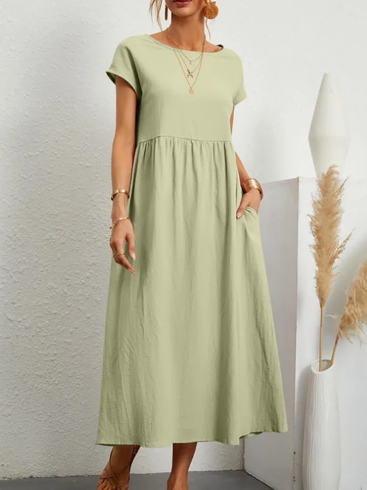 Women Vintage Solid Dress 2023 Summer Elegant O Neck Short Sleeve Cotton Linen Dresses Female Casual Loose Sundress Long Dress - Image 13