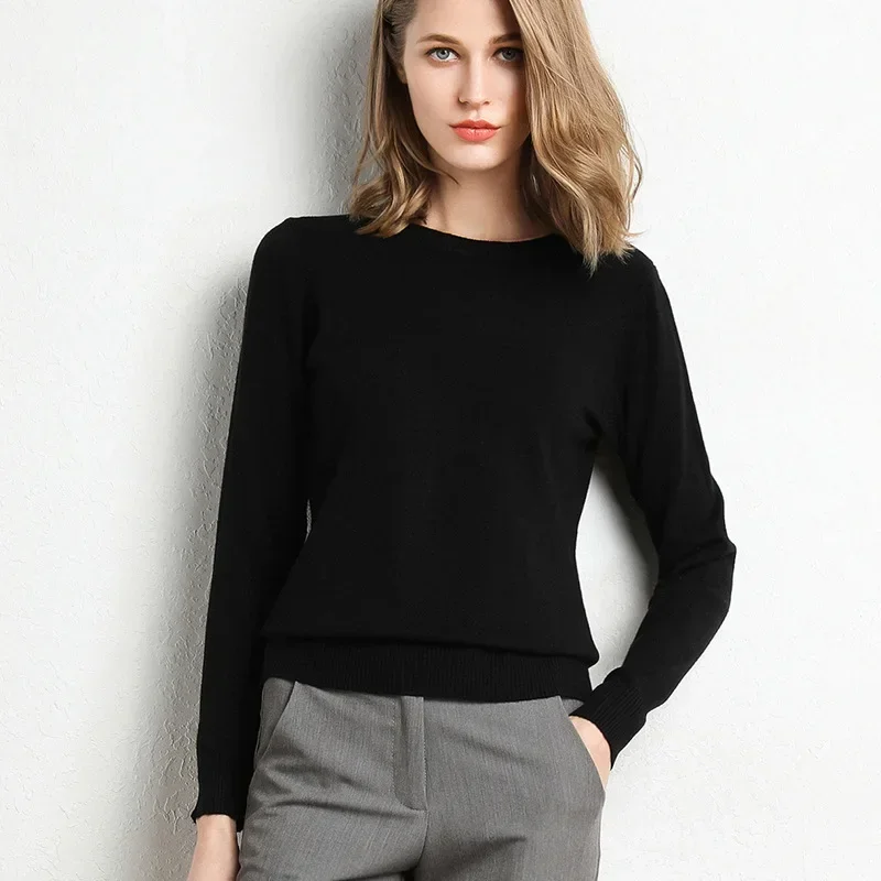 2023 Women Slim O-Neck Pullover Cashmere Wool Blending Sweater Autumn And Winter Long-Sleeved Knit Bottoming Shirt Large Size - Image 4