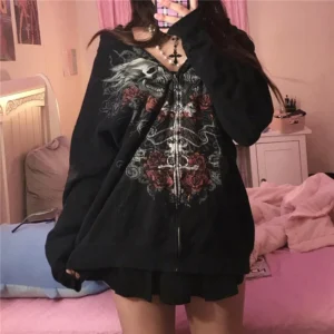 2000s Fairy Grunge Skull Print Long Sleeve Hooded Tops y2k Aesthetic Hoodie Oversize Clothes Streetwear Gothic Sweatshirt Women