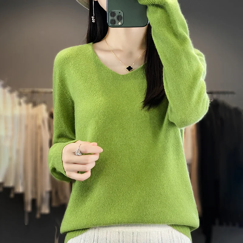 Women 100% Merino Wool Sweater V-Neck Basic Pullover Autumn Winter Cashmere Clothing Long Sleeve Soft Knitwear Tops Solid Color - Image 12