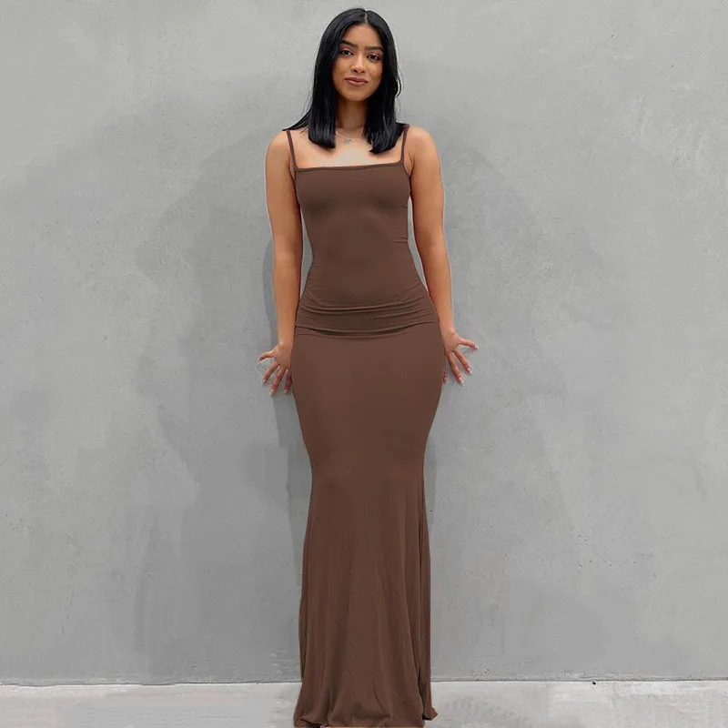 2024 Summer Dresses For Women Sexy Spaghetti Strap Black Long Dress Y2k Sleeveless Solid Skinny Bodycon Trumpet Maxi Vestidos - Image 7